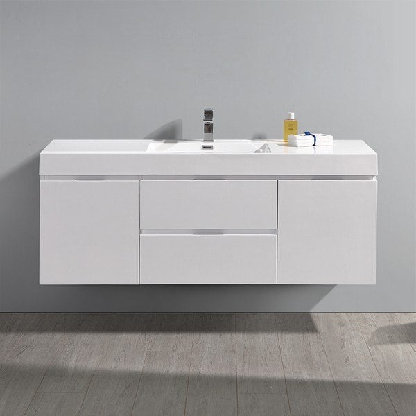 FRESCA FCB8360WH-I VALENCIA 60 INCH GLOSSY WHITE WALL HUNG MODERN BATHROOM VANITY WITH SINK