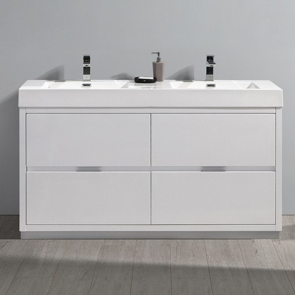 FRESCA FCB8460WH-D-I VALENCIA 60 INCH GLOSSY WHITE FREE STANDING DOUBLE SINK MODERN BATHROOM VANITY
