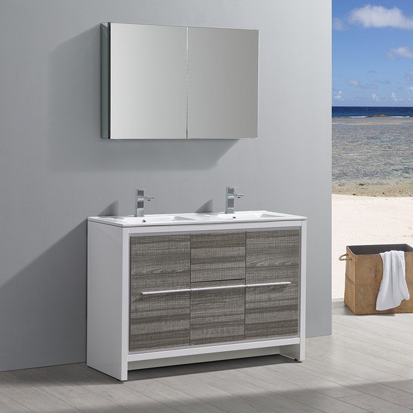 FRESCA FVN8148HA-D ALLIER RIO 48 INCH ASH GRAY DOUBLE SINK MODERN BATHROOM VANITY WITH FAUCETS AND MEDICINE CABINET