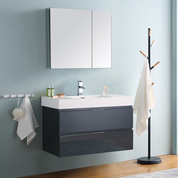 FRESCA FVN8336GG VALENCIA 36 INCH DARK SLATE GRAY WALL HUNG MODERN BATHROOM VANITY WITH SINK, FAUCET AND MEDICINE CABINET