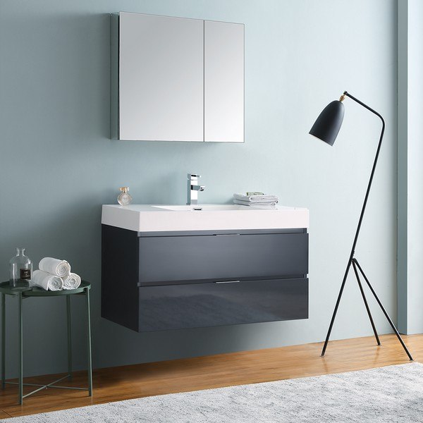 FRESCA FVN8342GG VALENCIA 40 INCH DARK SLATE GRAY WALL HUNG MODERN BATHROOM VANITY WITH SINK, FAUCET AND MEDICINE CABINET