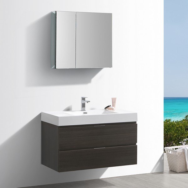 FRESCA FVN8342GO VALENCIA 40 INCH GRAY OAK WALL HUNG MODERN BATHROOM VANITY WITH SINK, FAUCET AND MEDICINE CABINET