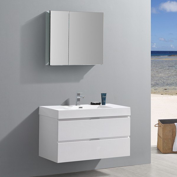 FRESCA FVN8342WH VALENCIA 40 INCH GLOSSY WHITE WALL HUNG MODERN BATHROOM VANITY WITH SINK, FAUCET AND MEDICINE CABINET