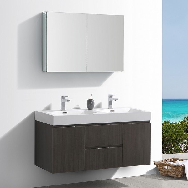FRESCA FVN8348GO-D VALENCIA 48 INCH GRAY OAK WALL HUNG DOUBLE SINK MODERN BATHROOM VANITY WITH FAUCETS AND MEDICINE CABINET