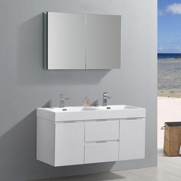 FRESCA FVN8348WH-D VALENCIA 48 INCH GLOSSY WHITE WALL HUNG DOUBLE SINK MODERN BATHROOM VANITY WITH FAUCETS AND MEDICINE CABINET