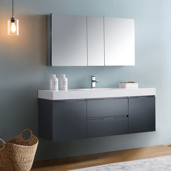 FRESCA FVN8360GG VALENCIA 60 INCH DARK SLATE GRAY WALL HUNG MODERN BATHROOM VANITY WITH SINK, FAUCET AND MEDICINE CABINET