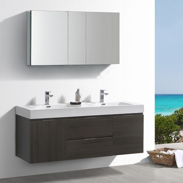 FRESCA FVN8360GO-D VALENCIA 60 INCH GRAY OAK WALL HUNG DOUBLE SINK MODERN BATHROOM VANITY WITH FAUCETS AND MEDICINE CABINET