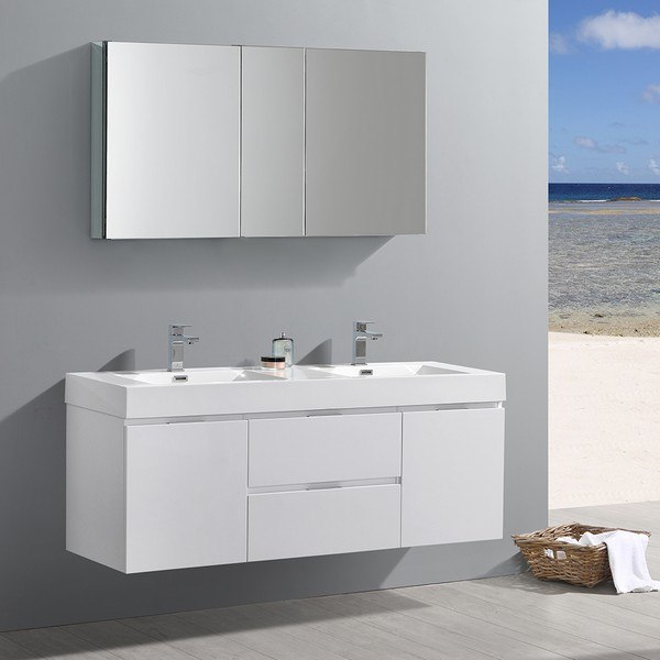 FRESCA FVN8360WH-D VALENCIA 60 INCH GLOSSY WHITE WALL HUNG DOUBLE SINK MODERN BATHROOM VANITY WITH FAUCETS AND MEDICINE CABINET