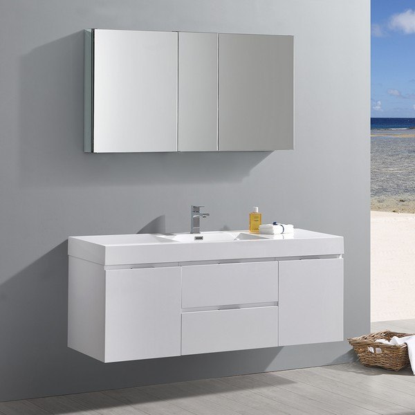 FRESCA FVN8360WH VALENCIA 60 INCH GLOSSY WHITE WALL HUNG MODERN BATHROOM VANITY WITH SINK, FAUCET AND MEDICINE CABINET