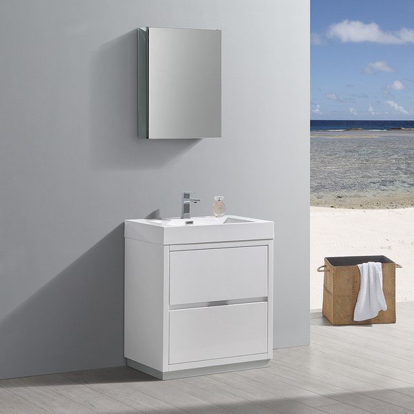 FRESCA FVN8430WH VALENCIA 30 INCH GLOSSY WHITE FREE STANDING MODERN BATHROOM VANITY WITH SINK, FAUCET AND MEDICINE CABINET