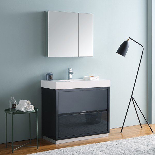 FRESCA FVN8436GG VALENCIA 36 INCH DARK SLATE GRAY FREE STANDING MODERN BATHROOM VANITY WITH SINK, FAUCET AND MEDICINE CABINET