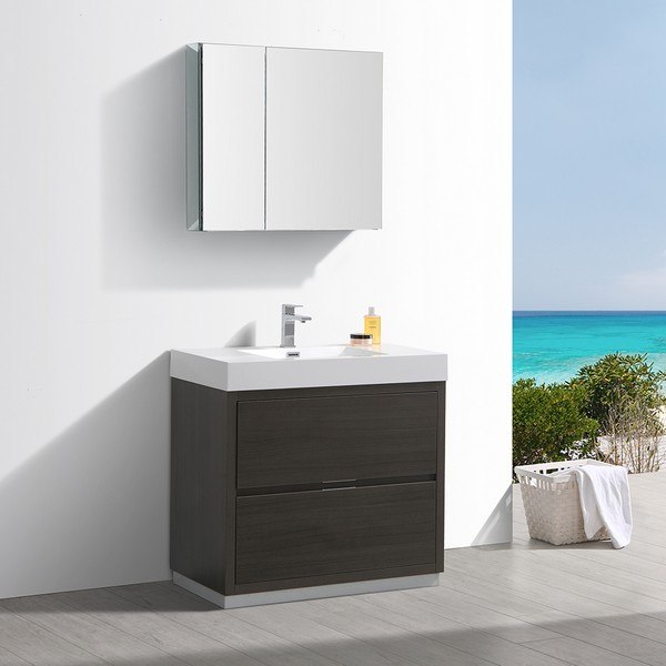 FRESCA FVN8436GO VALENCIA 36 INCH GRAY OAK FREE STANDING MODERN BATHROOM VANITY WITH SINK, FAUCET AND MEDICINE CABINET