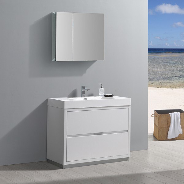 FRESCA FVN8442WH VALENCIA 40 INCH GLOSSY WHITE FREE STANDING MODERN BATHROOM VANITY WITH SINK, FAUCET AND MEDICINE CABINET