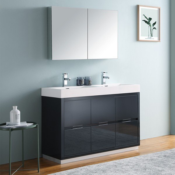 FRESCA FVN8448GG-D VALENCIA 48 INCH DARK SLATE GRAY FREE STANDING DOUBLE SINK MODERN BATHROOM VANITY WITH FAUCETS AND MEDICINE CABINET