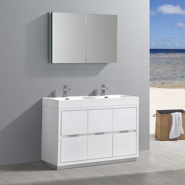 FRESCA FVN8448WH-D VALENCIA 48 INCH GLOSSY WHITE FREE STANDING DOUBLE SINK MODERN BATHROOM VANITY WITH FAUCETS AND MEDICINE CABINET