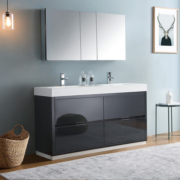 FRESCA FVN8460GG-D VALENCIA 60 INCH DARK SLATE GRAY FREE STANDING DOUBLE SINK MODERN BATHROOM VANITY WITH FAUCETS AND MEDICINE CABINET