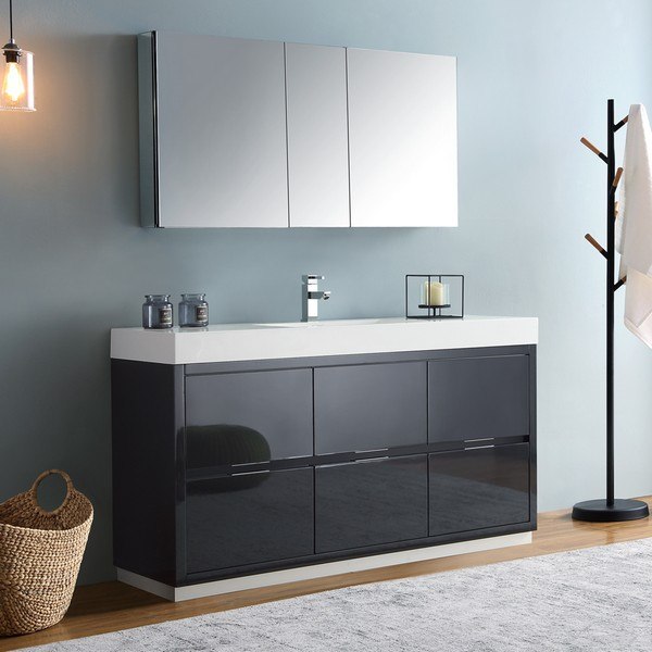 FRESCA FVN8460GG VALENCIA 60 INCH DARK SLATE GRAY FREE STANDING MODERN BATHROOM VANITY WITH SINK, FAUCET AND MEDICINE CABINET