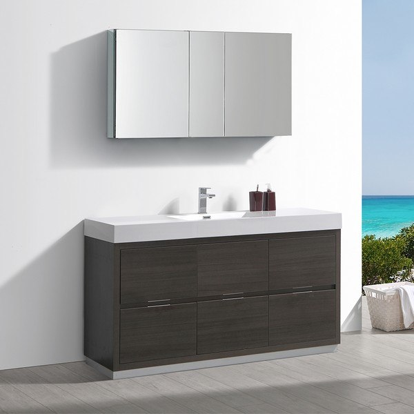 FRESCA FVN8460GO VALENCIA 60 INCH GRAY OAK FREE STANDING MODERN BATHROOM VANITY WITH SINK, FAUCET AND MEDICINE CABINET
