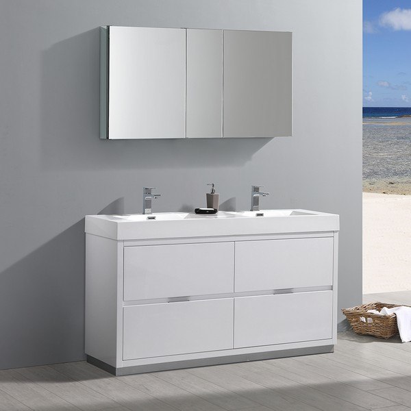 FRESCA FVN8460WH-D VALENCIA 60 INCH GLOSSY WHITE FREE STANDING DOUBLE SINK MODERN BATHROOM VANITY WITH FAUCETS AND MEDICINE CABINET
