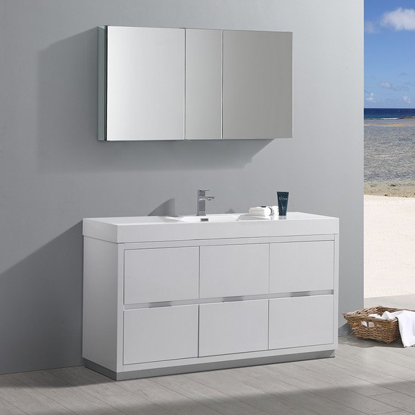 FRESCA FVN8460WH VALENCIA 60 INCH GLOSSY WHITE FREE STANDING MODERN BATHROOM VANITY WITH SINK, FAUCET AND MEDICINE CABINET