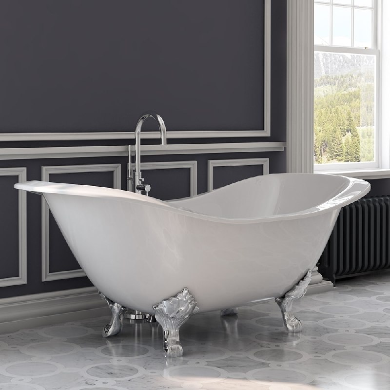 CAMBRIDGE PLUMBING DES-150-PKG-NH CAST IRON DOUBLE ENDED SLIPPER TUB 71 X 30 INCH WITH MODERN FREESTANDING TUB FILLER AND HAND SHOWER ASSEMBLY PLUMBING PACKAGE