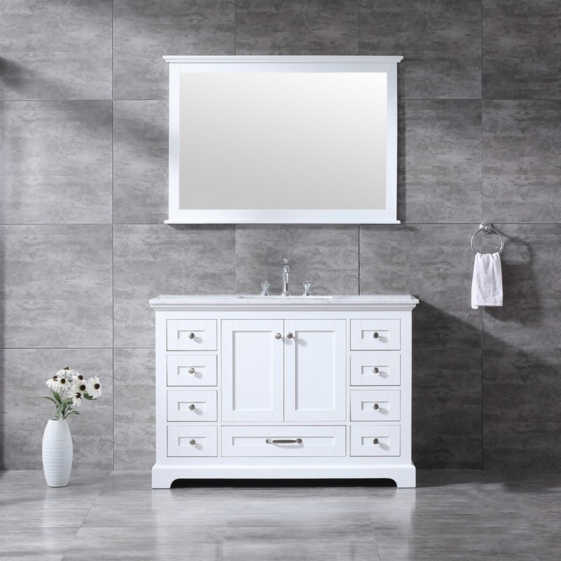 LEXORA LD342248SADSM46F DUKES 48 INCH WHITE SINGLE VANITY WITH WHITE CARRARA MARBLE TOP, WHITE SQUARE SINK, FAUCET AND 46 INCH MIRROR