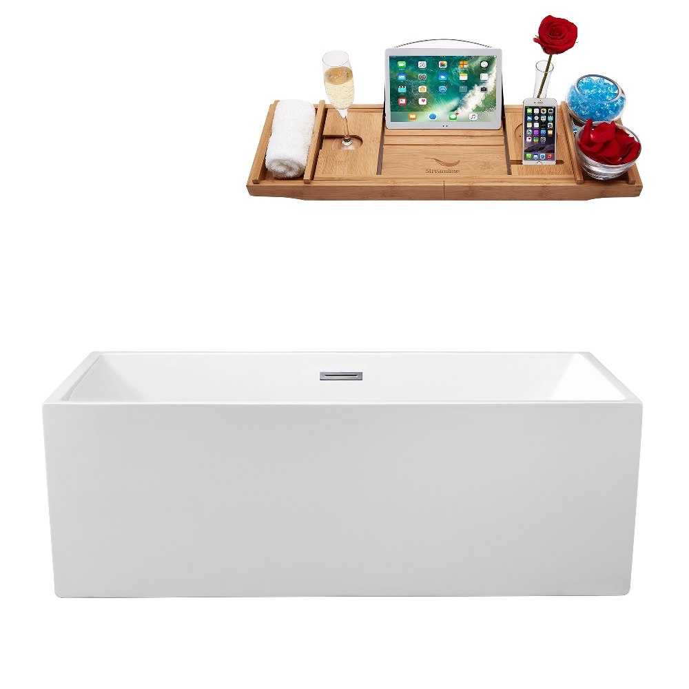 STREAMLINE N-262-58FSWH-FM 58 INCH SOAKING FREESTANDING TUB IN GLOSSY WHITE FINISH WITH TRAY AND INTERNAL DRAIN