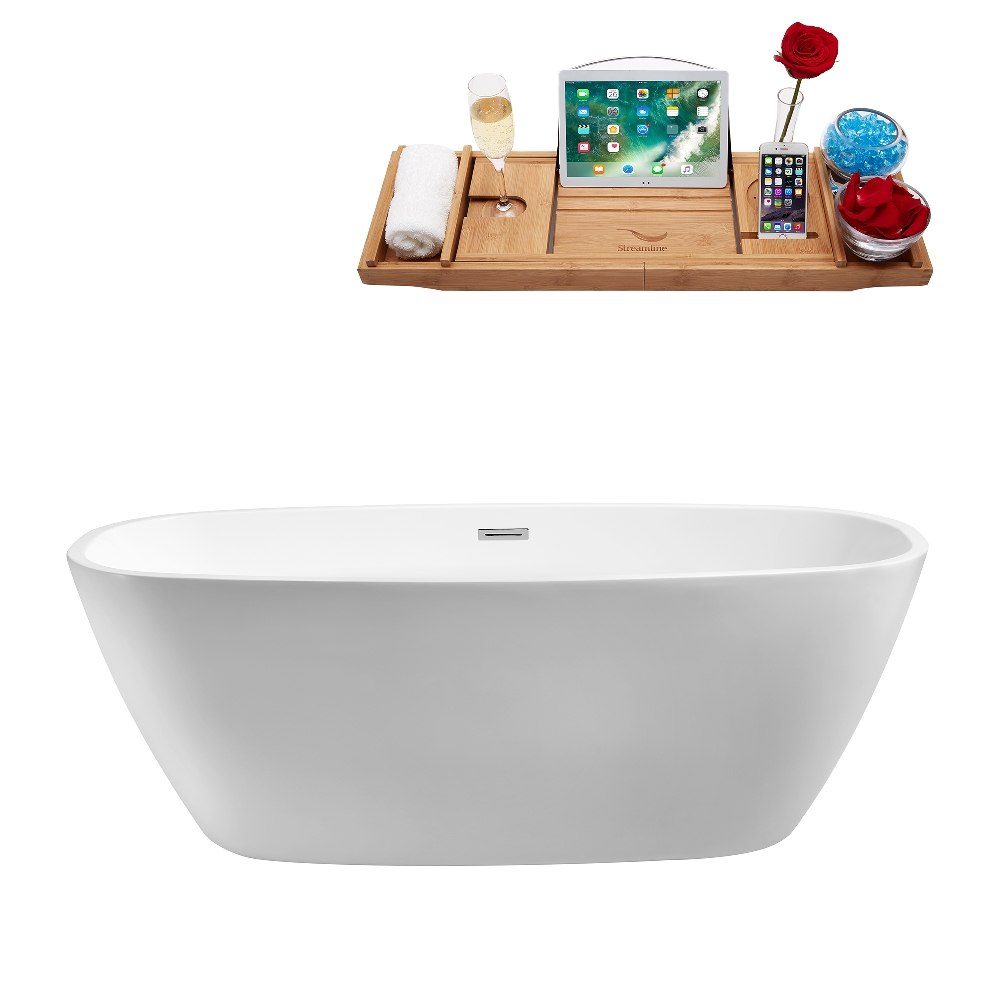 STREAMLINE N-701-67FSWH-FM 67 INCH SOAKING FREESTANDING TUB IN GLOSSY WHITE FINISH WITH TRAY AND INTERNAL DRAIN