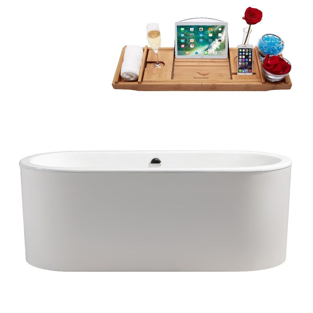 STREAMLINE R-5400-67CIFSWH-FM 67 INCH CAST IRON SOAKING FREESTANDING TUB IN GLOSSY WHITE FINISH WITH TRAY AND INTERNAL DRAIN
