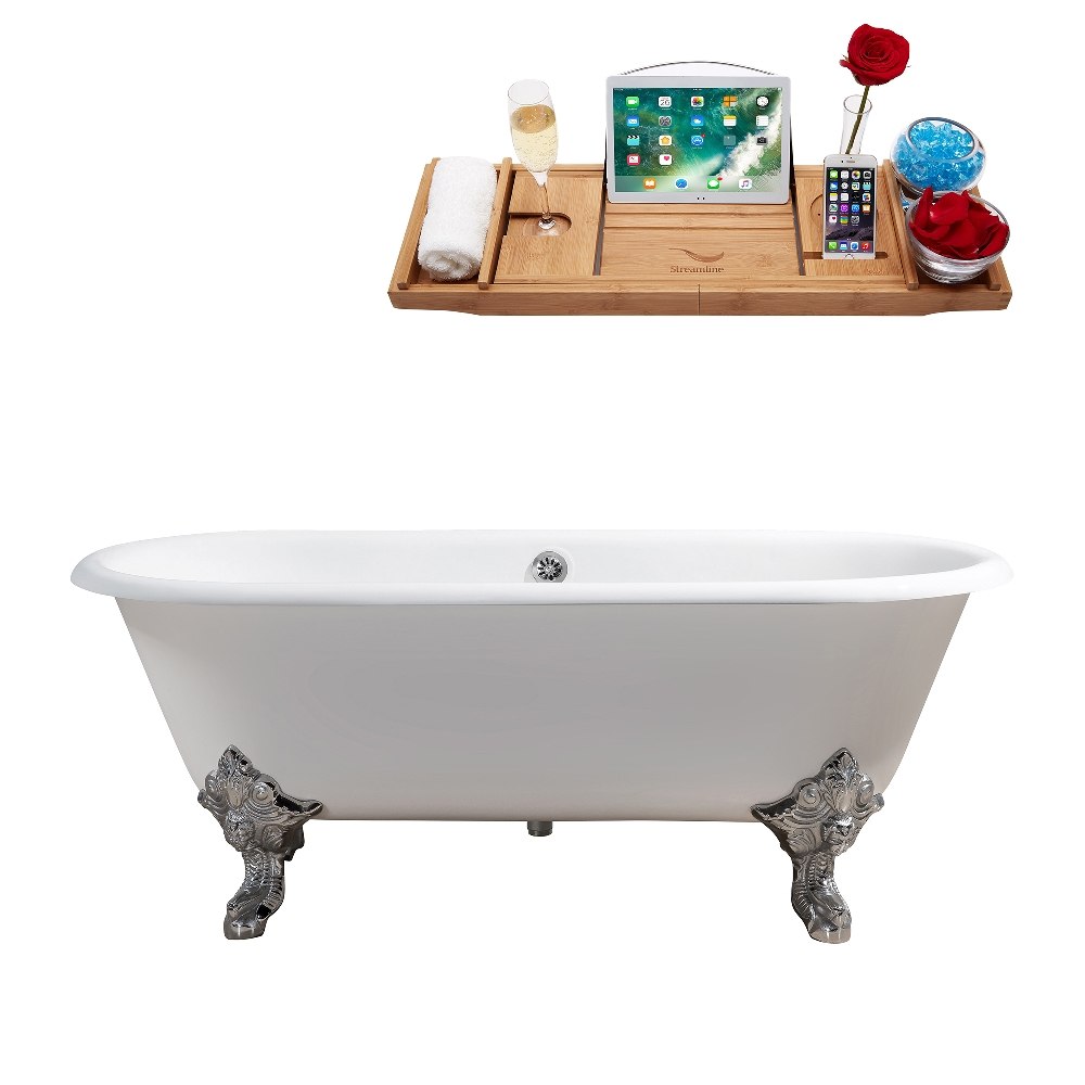STREAMLINE R5001CH-CH 69 INCH CAST IRON SOAKING CLAWFOOT TUB IN GLOSSY WHITE FINISH WITH TRAY AND EXTERNAL DRAIN