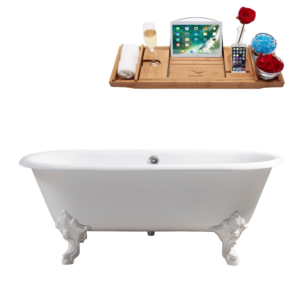 STREAMLINE R5001WH-CH 69 INCH CAST IRON SOAKING CLAWFOOT TUB IN GLOSSY WHITE FINISH WITH TRAY AND EXTERNAL DRAIN