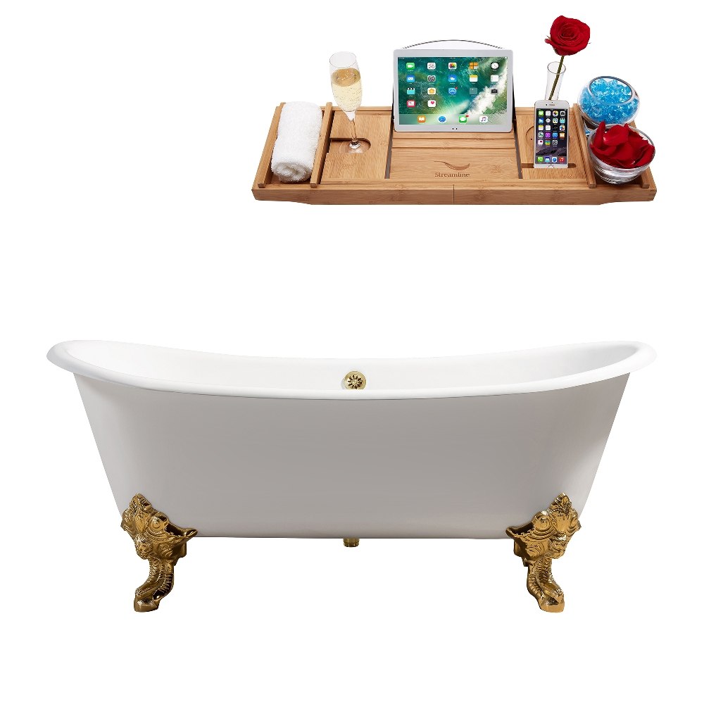 STREAMLINE R5020GLD-GLD 72 INCH CAST IRON SOAKING CLAWFOOT TUB IN GLOSSY WHITE FINISH WITH TRAY AND EXTERNAL DRAIN