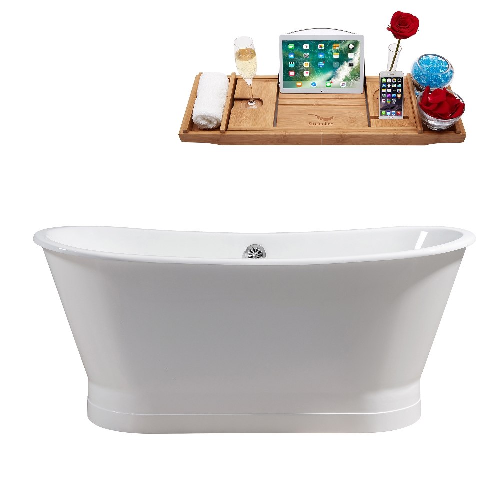STREAMLINE R5042CH 67 INCH CAST IRON SOAKING FREESTANDING TUB IN GLOSSY WHITE FINISH WITH TRAY AND EXTERNAL DRAIN