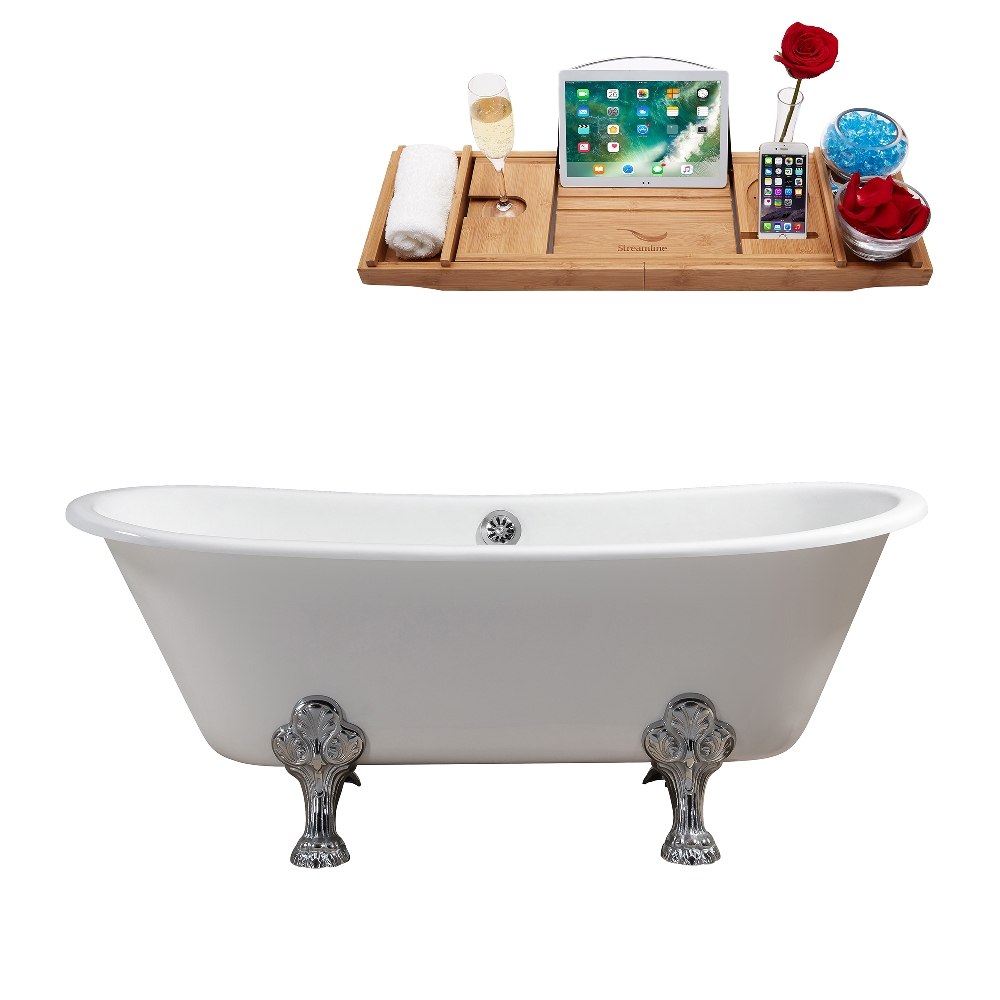 STREAMLINE R5061CH-CH 67 INCH CAST IRON SOAKING CLAWFOOT TUB AND TRAY WITH EXTERNAL DRAIN