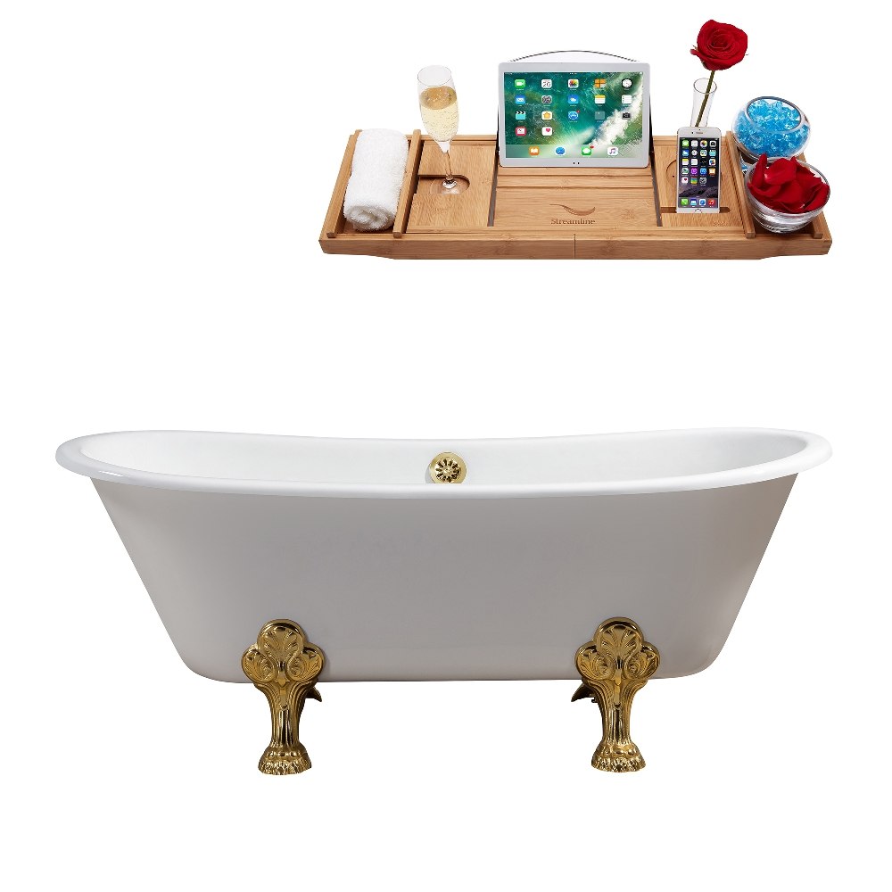 STREAMLINE R5061GLD-GLD 67 INCH CAST IRON SOAKING CLAWFOOT TUB IN WHITE WITH TRAY AND EXTERNAL DRAIN