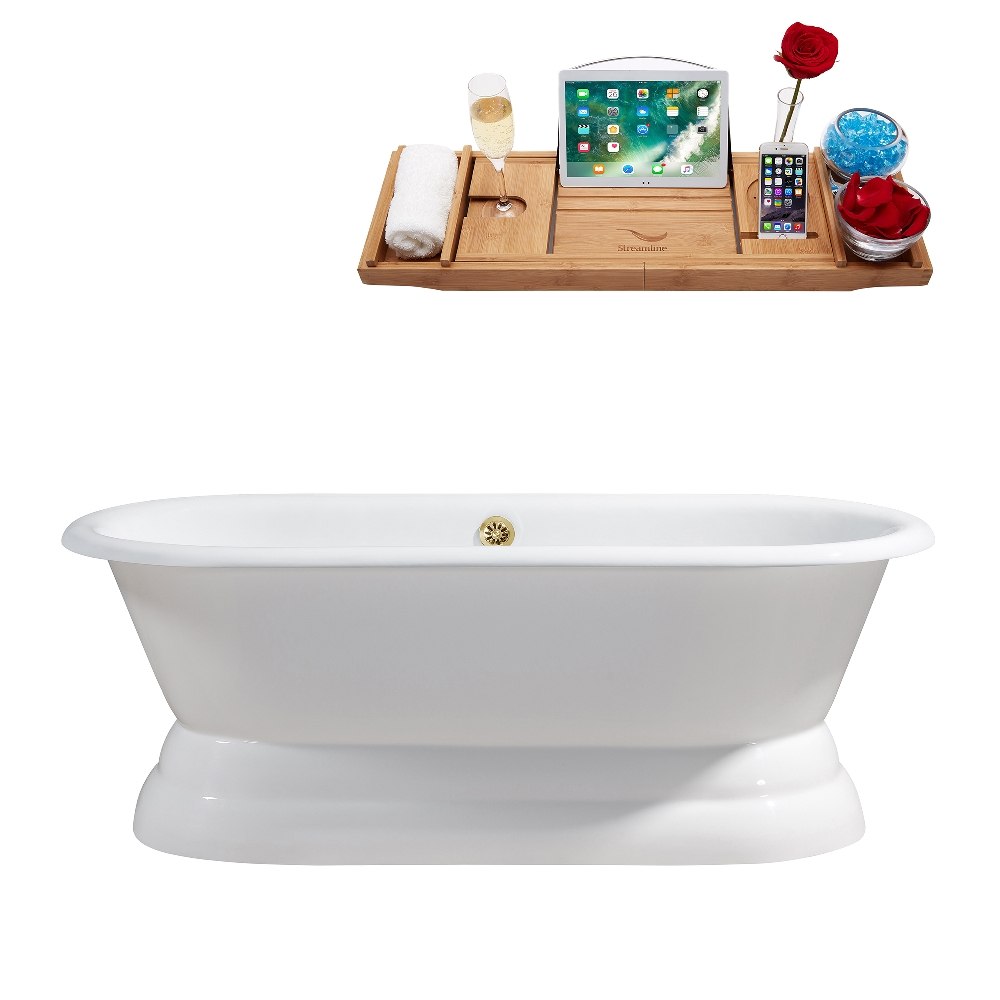 STREAMLINE R5080GLD 67 INCH CAST IRON SOAKING FREESTANDING TUB IN GLOSSY WHITE FINISH WITH TRAY AND EXTERNAL DRAIN