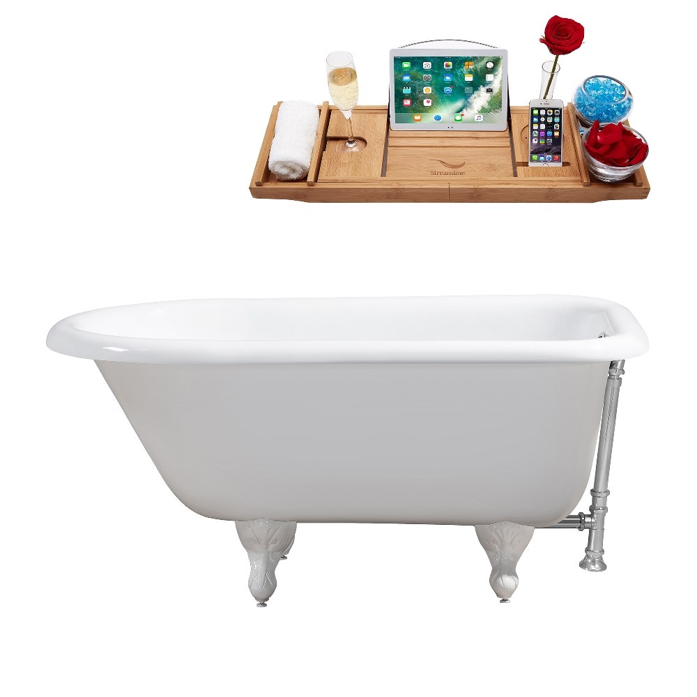 STREAMLINE R5100WH-CH 66 INCH CAST IRON SOAKING CLAWFOOT TUB IN GLOSSY WHITE FINISH WITH TRAY AND EXTERNAL DRAIN