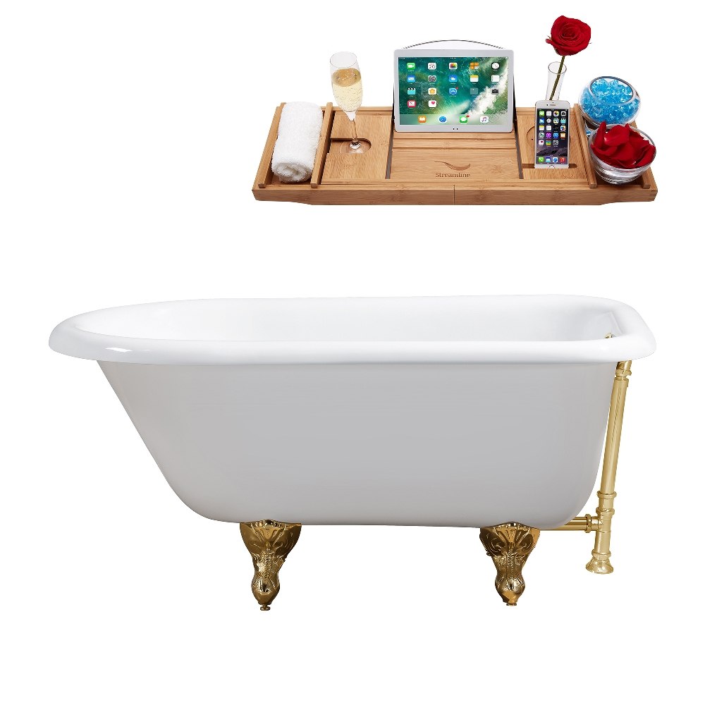 STREAMLINE R5101GLD-GLD 48 INCH CAST IRON SOAKING CLAWFOOT TUB IN GLOSSY WHITE FINISH WITH TRAY AND EXTERNAL DRAIN