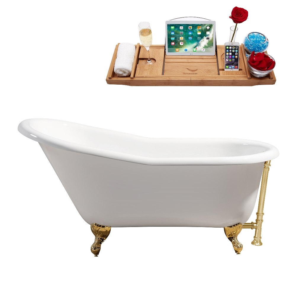 STREAMLINE R5120GLD-GLD 60 INCH CAST IRON SOAKING CLAWFOOT TUB IN GLOSSY WHITE FINISH WITH TRAY AND EXTERNAL DRAIN
