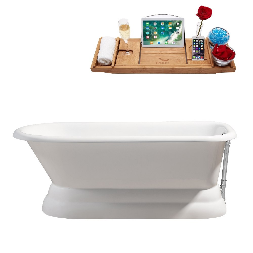 STREAMLINE R5140CH 66 INCH CAST IRON SOAKING FREESTANDING TUB IN GLOSSY WHITE FINISH WITH TRAY AND EXTERNAL DRAIN