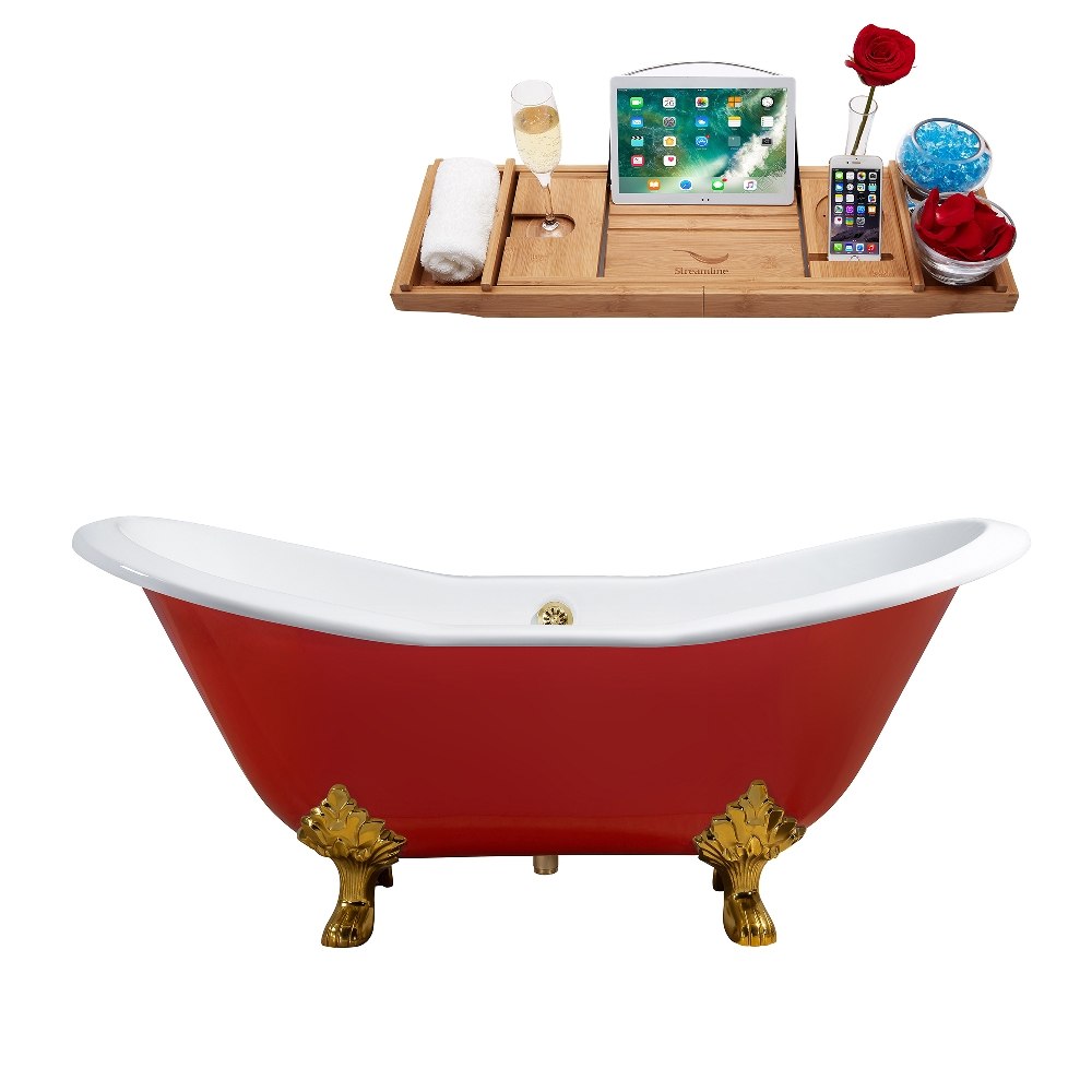 STREAMLINE R5160GLD-GLD 72 INCH CAST IRON SOAKING CLAWFOOT TUB IN GLOSSY RED FINISH WITH TRAY AND EXTERNAL DRAIN