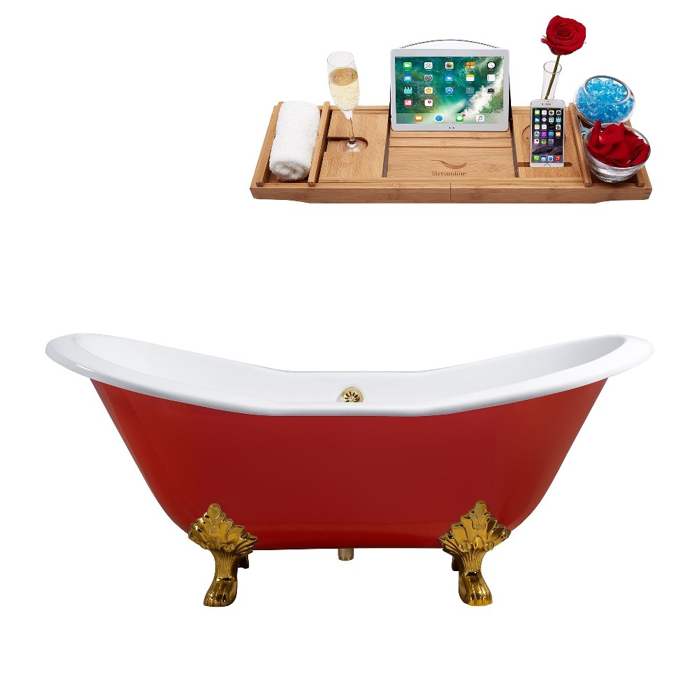 STREAMLINE R5161GLD-GLD 61 INCH CAST IRON SOAKING CLAWFOOT TUB IN GLOSSY RED FINISH WITH TRAY AND EXTERNAL DRAIN