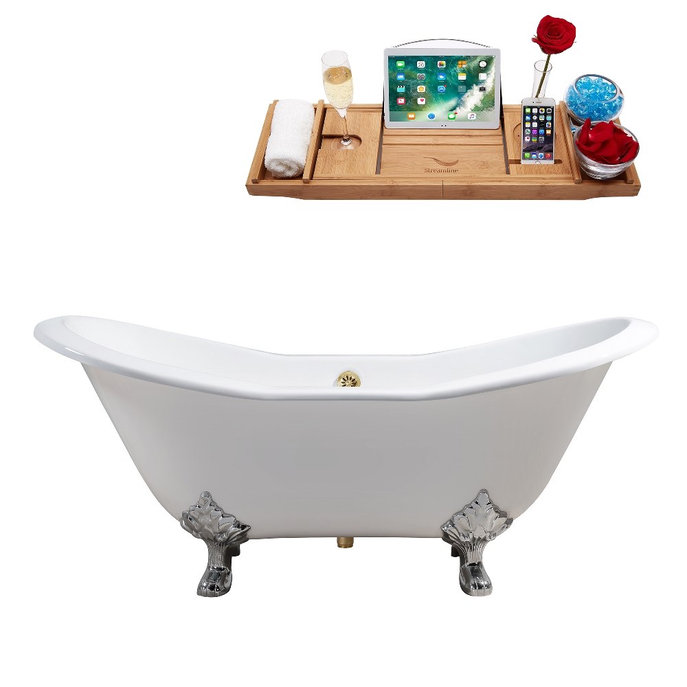 STREAMLINE R5162CH-GLD 72 INCH CAST IRON SOAKING CLAWFOOT TUB IN GLOSSY WHITE FINISH WITH TRAY AND EXTERNAL DRAIN