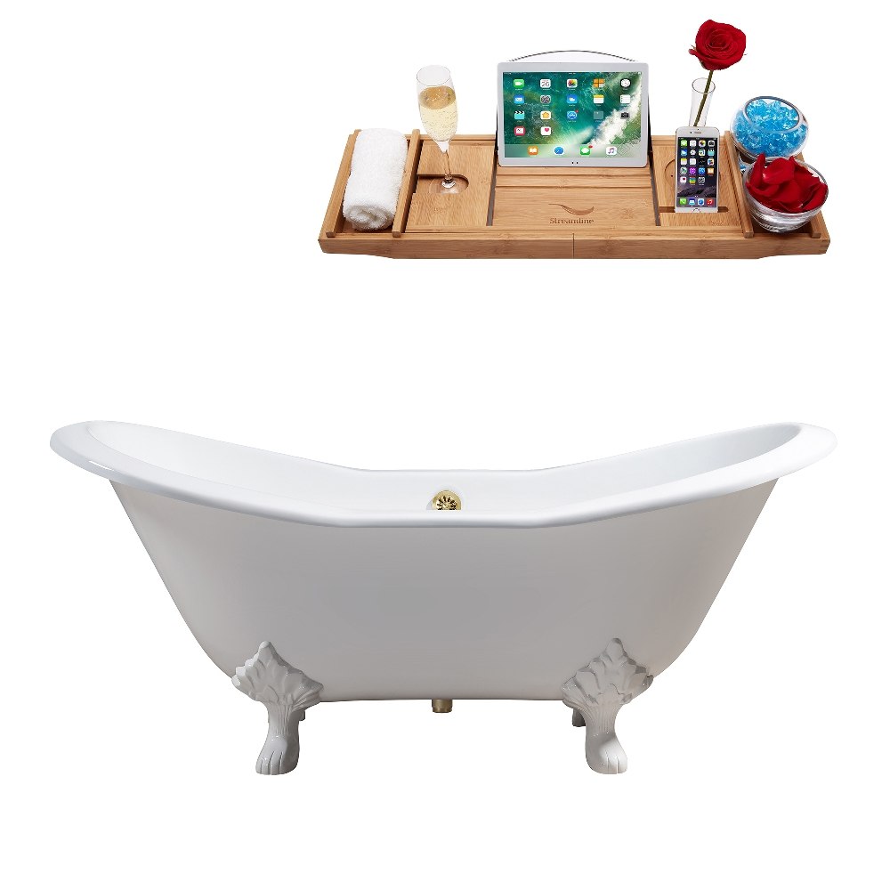 STREAMLINE R5162WH-GLD 72 INCH CAST IRON SOAKING CLAWFOOT TUB IN GLOSSY WHITE FINISH WITH TRAY AND EXTERNAL DRAIN