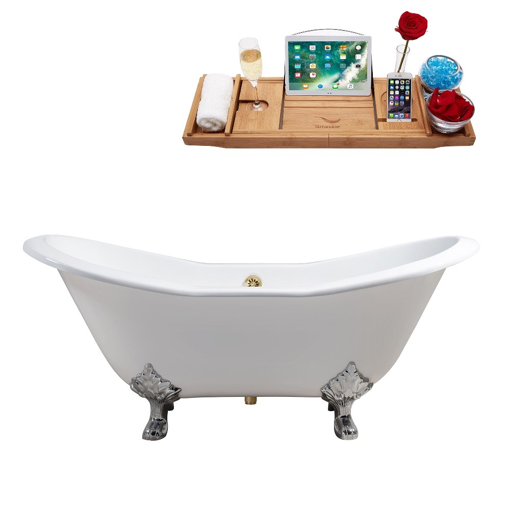 STREAMLINE R5163CH-GLD 61 INCH CAST IRON SOAKING CLAWFOOT TUB IN GLOSSY WHITE FINISH WITH TRAY AND EXTERNAL DRAIN