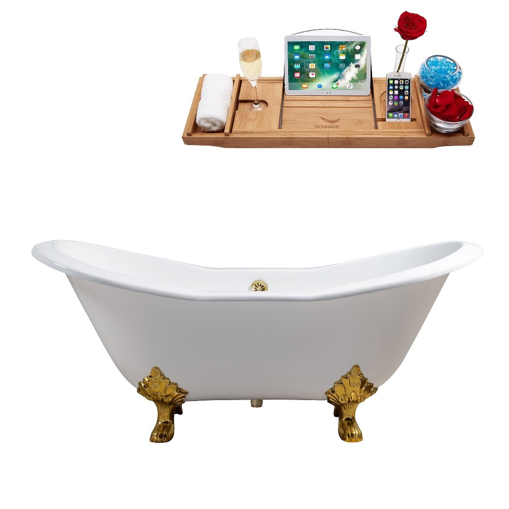 STREAMLINE R5163GLD-GLD 61 INCH CAST IRON SOAKING CLAWFOOT TUB IN GLOSSY WHITE FINISH WITH TRAY AND EXTERNAL DRAIN