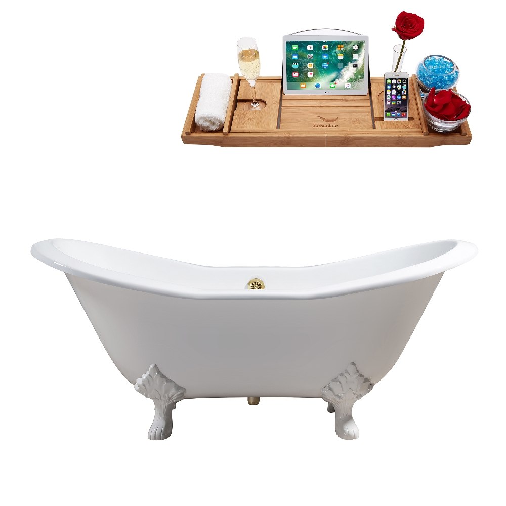 STREAMLINE R5163WH-GLD 61 INCH CAST IRON SOAKING CLAWFOOT TUB IN GLOSSY WHITE FINISH WITH TRAY AND EXTERNAL DRAIN
