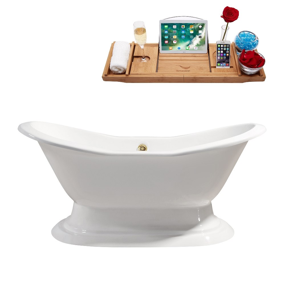 STREAMLINE R5200GLD 72 INCH CAST IRON SOAKING FREESTANDING TUB IN GLOSSY WHITE FINISH WITH TRAY AND EXTERNAL DRAIN
