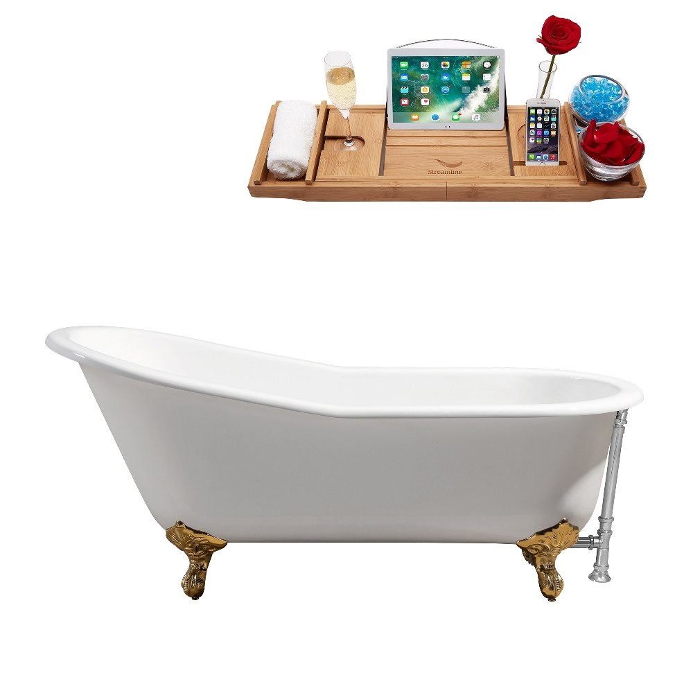 STREAMLINE R5220GLD-CH 67 INCH CAST IRON SOAKING CLAWFOOT TUB IN GLOSSY WHITE FINISH WITH TRAY AND EXTERNAL DRAIN