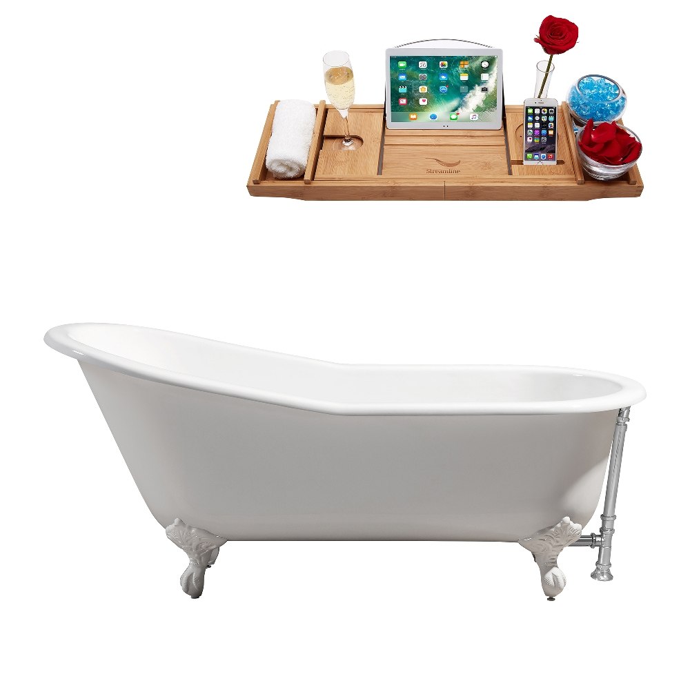 STREAMLINE R5220WH-CH 67 INCH CAST IRON SOAKING CLAWFOOT TUB IN GLOSSY WHITE FINISH WITH TRAY AND EXTERNAL DRAIN
